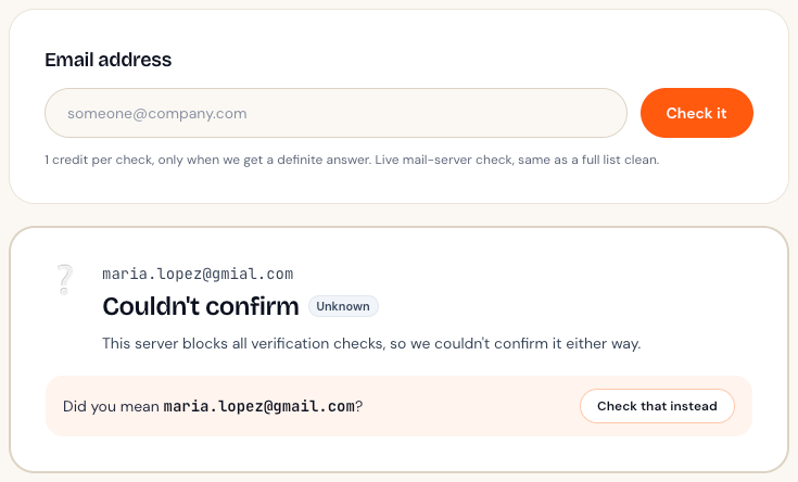 Check one email showing a result for maria.lopez@gmial.com with the suggestion: Did you mean maria.lopez@gmail.com?