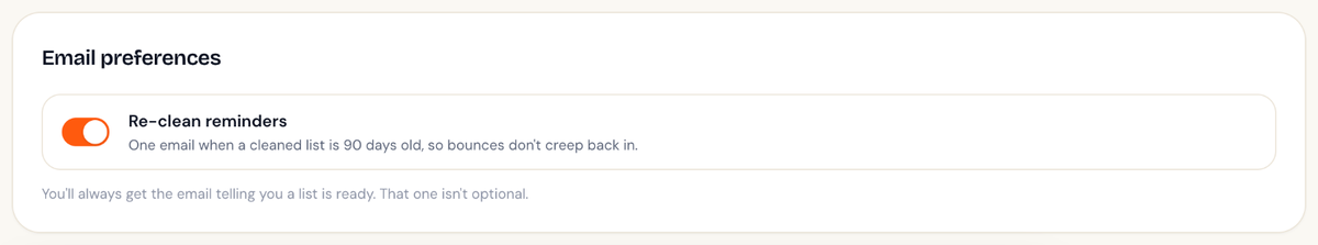 The Email preferences section in Settings, with the Re-clean reminders switch turned on