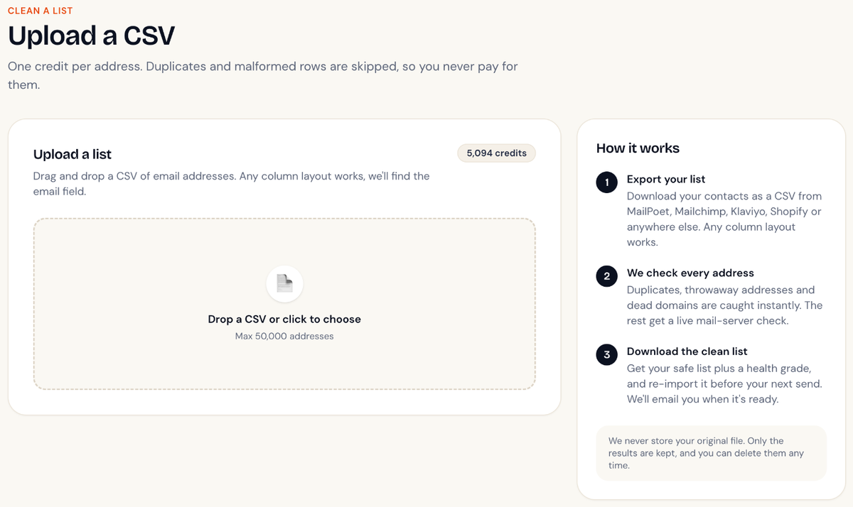 The Upload a CSV page, showing the drop zone and the 50,000 address limit